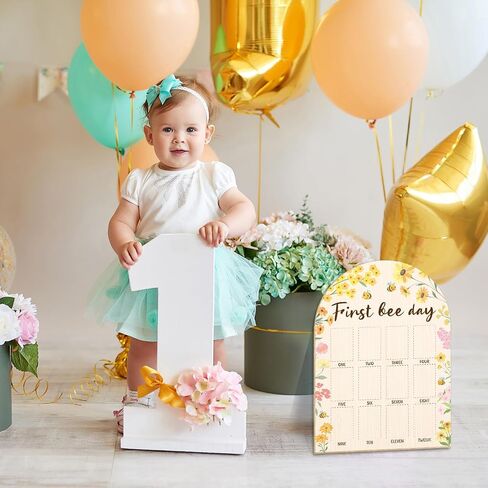 First Bee Day My First Year Photo Board Frame - Newborn 12 Months Milestone Wooden Photo Board, 1st Birthday Decorations, Bee Baby Keepsake Gift Supply (Fit 2x3in Pic) -12 in Kuwait