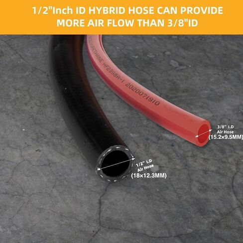 SANFU Hybrid Air Hose 1/2"ID x 25FT, 300PSI Durable, Heavy Duty, 3/8" and 1/4" Air Fittings Kits Reassembled, Bend Restrictors, Black(25’) in Kuwait
