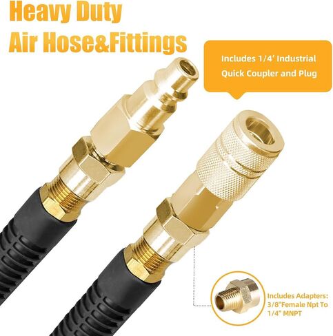 SANFU Hybrid Air Hose 1/2"ID x 25FT, 300PSI Durable, Heavy Duty, 3/8" and 1/4" Air Fittings Kits Reassembled, Bend Restrictors, Black(25’) in Kuwait