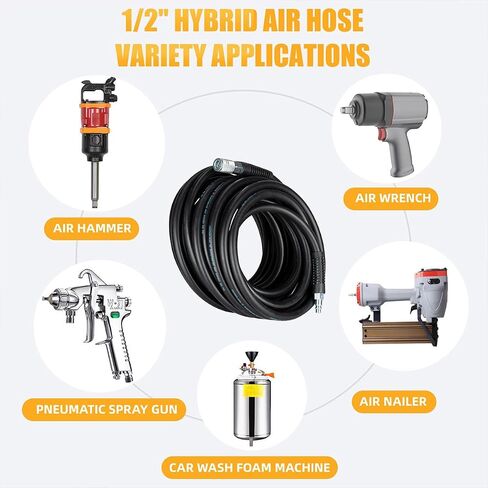 SANFU Hybrid Air Hose 1/2"ID x 25FT, 300PSI Durable, Heavy Duty, 3/8" and 1/4" Air Fittings Kits Reassembled, Bend Restrictors, Black(25’) in Kuwait