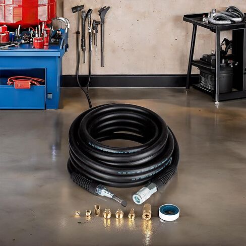 SANFU Hybrid Air Hose 1/2"ID x 25FT, 300PSI Durable, Heavy Duty, 3/8" and 1/4" Air Fittings Kits Reassembled, Bend Restrictors, Black(25’) in Kuwait