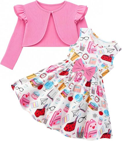 Enlifety Toddler Girls Dress with Cardigan 2 Piece Casual Outfit Size 2-6T | Dress set with ruffle sleeves, bow detail and matching soft cardigan for birthdays photos,school,church,parties and holidays in Saudi Arabia