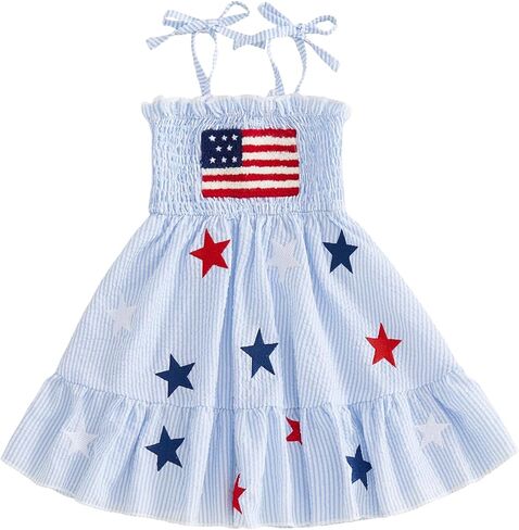 Afunbaby 4th of July Baby Girl Outfit Dresses Striped American Flag Star Sleeveless Smocked Dress for Toddler Summer Spring in Kuwait