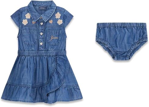 Guess Baby Girls' Set Slub Denim Short Sleeve Dress and Diaper Cover in Kuwait