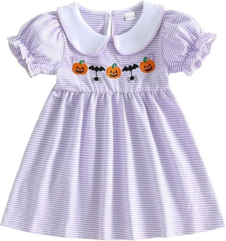 Toddler Baby Girl Halloween Dress Pumpkin Embroidery Smocked Short Sleeve Doll Collar Dress Fall Striped Dresses in Kuwait