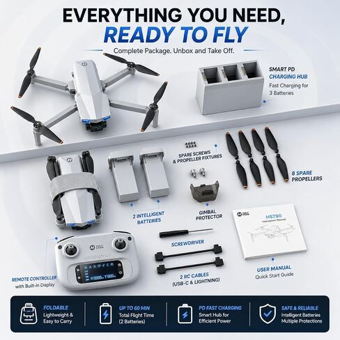 Holy Stone HS790 6K Photo Drone with Camera for Adults, 3 Axis Brushless Gimbal 4K Video, 30000ft Transmission, 60Min Flight with Fast Charging Hub, AI Night Shot, GPS Smart Flight, Beginner Mode in Kuwait