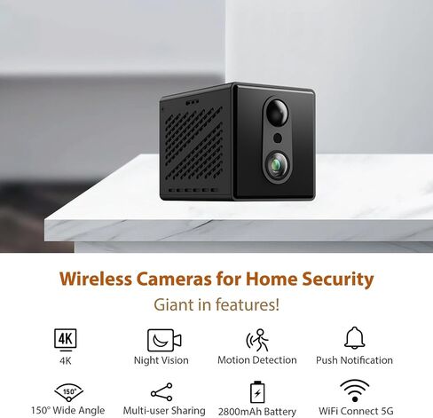 2026 5G 4K Mini Camera WiFi Indoor Home HD Micro Wireless Security Camera, Small Nanny Cam Pet Baby Outdoor Cameras, 100 Days Battery Life 150 angle Night Vision Motion Detection Cloud & SD Storage in Kuwait
