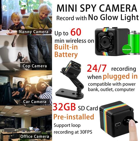 Mini Camera, 1080P No WiFi Small Security Camera, Spy Camera | Built-in 32GB TF Card, Photoshoot, 360° Rotating Bracket, Night Vision, for Cycling/ Travel/Camping/Indoor/ Outdoor in Kuwait