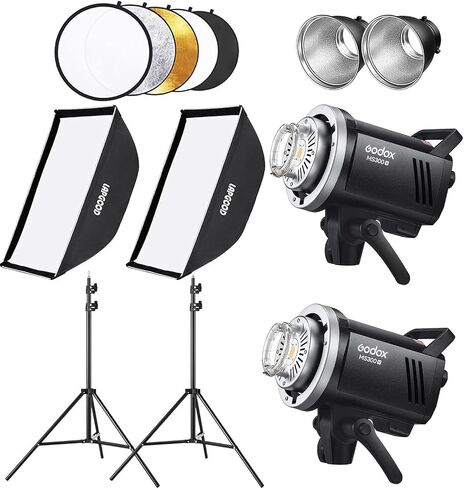 Godox MS300V Studio Flash kit with 2 Softbox, 2 Light Stands, 2 Reflectors | Buil-in LED Modeling Lamps, 2.4G Wireless X System, Bowens Mount – Ideal Lighting for Studio, Portrait & Fashion Photography in Kuwait
