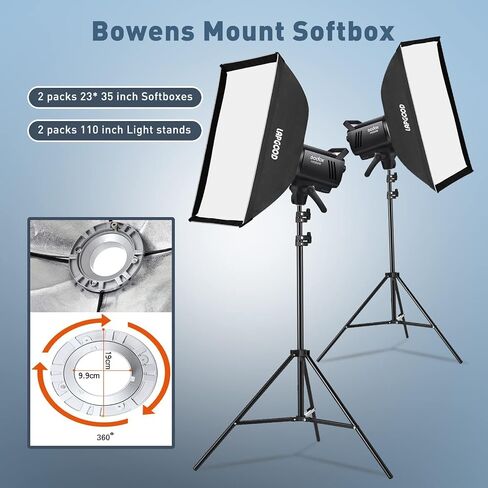 Godox MS300V Studio Flash kit with 2 Softbox, 2 Light Stands, 2 Reflectors | Buil-in LED Modeling Lamps, 2.4G Wireless X System, Bowens Mount – Ideal Lighting for Studio, Portrait & Fashion Photography in Kuwait