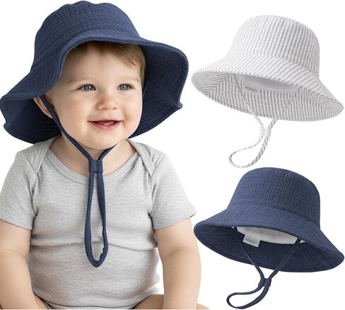 Konssy Muslin Baby Boy Sun Hat 2-Pack, Infant Sun Hat with Wide Brim, UPF 50+ Baby Beach Hat for 0-6 Months in Kuwait