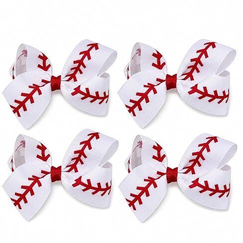 Baseball Hair Bows for Girls, 4 Pack 4.1" White and Red Grosgrain Ribbon Alligator Clips, Game Day Sports Hair Accessories for Toddlers Kids Teens in Kuwait