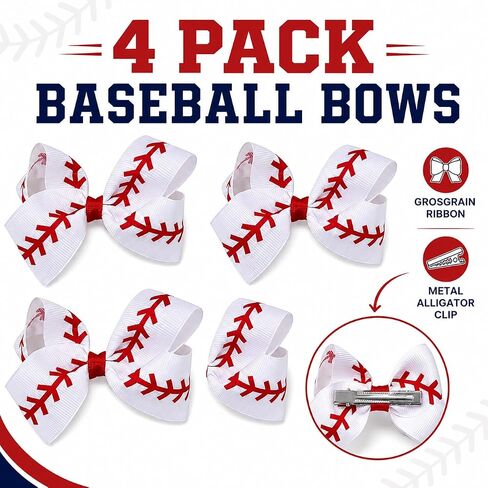 Baseball Hair Bows for Girls, 4 Pack 4.1" White and Red Grosgrain Ribbon Alligator Clips, Game Day Sports Hair Accessories for Toddlers Kids Teens in Kuwait