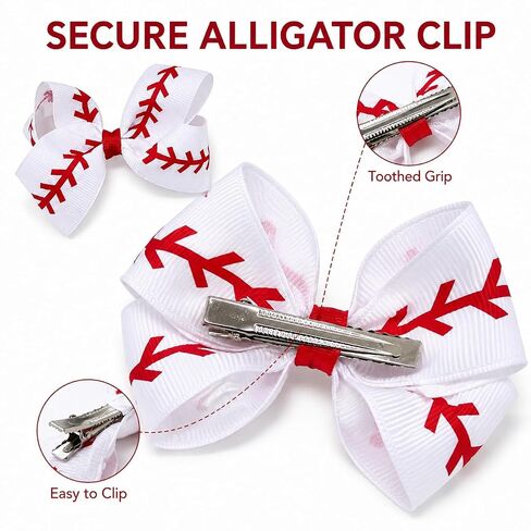 Baseball Hair Bows for Girls, 4 Pack 4.1" White and Red Grosgrain Ribbon Alligator Clips, Game Day Sports Hair Accessories for Toddlers Kids Teens in Kuwait