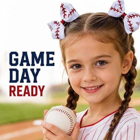 Baseball Hair Bows for Girls, 4 Pack 4.1" White and Red Grosgrain Ribbon Alligator Clips, Game Day Sports Hair Accessories for Toddlers Kids Teens in Kuwait