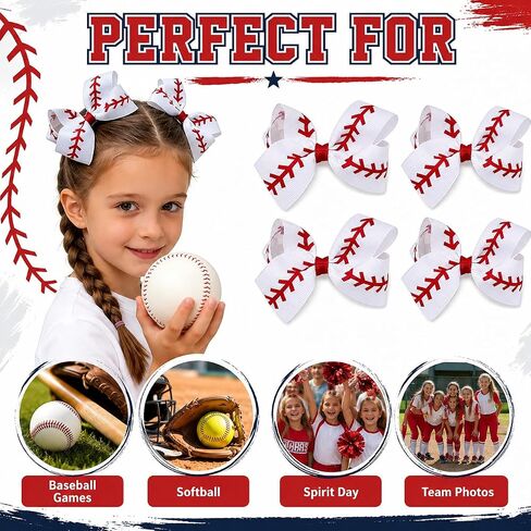 Baseball Hair Bows for Girls, 4 Pack 4.1" White and Red Grosgrain Ribbon Alligator Clips, Game Day Sports Hair Accessories for Toddlers Kids Teens in Kuwait
