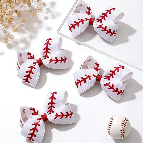 Baseball Hair Bows for Girls, 4 Pack 4.1" White and Red Grosgrain Ribbon Alligator Clips, Game Day Sports Hair Accessories for Toddlers Kids Teens in Kuwait