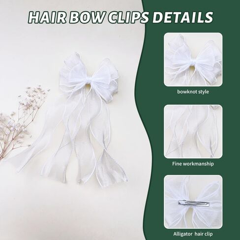 2Pcs White Ribbon Bow Hair Clips Flower Girl Long Layer Bow Barrette Alligator Clip Bridal Birthday First Communion Headwear Accessories for Baby Girls in Kuwait