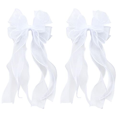 2Pcs White Ribbon Bow Hair Clips Flower Girl Long Layer Bow Barrette Alligator Clip Bridal Birthday First Communion Headwear Accessories for Baby Girls in Kuwait