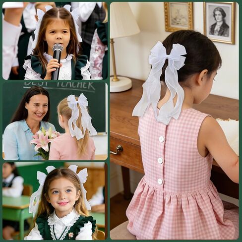 2Pcs White Ribbon Bow Hair Clips Flower Girl Long Layer Bow Barrette Alligator Clip Bridal Birthday First Communion Headwear Accessories for Baby Girls in Kuwait