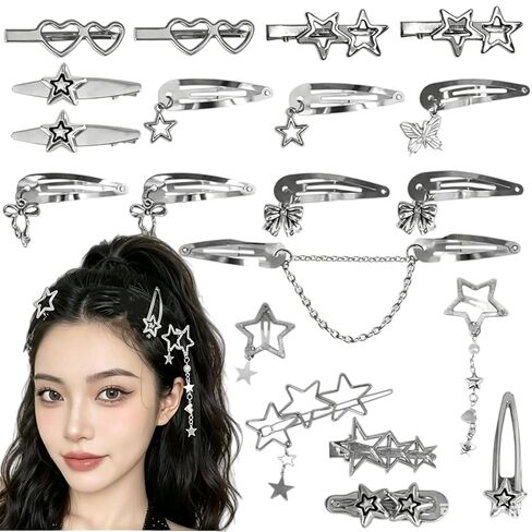 20pcs Y2K Star Hair Clips - Cute Silver Snap Clips for Women, Star Shaped Hair Accessories, Ideal for Emo, Grunge, Punk & 2000s Fashion in Kuwait