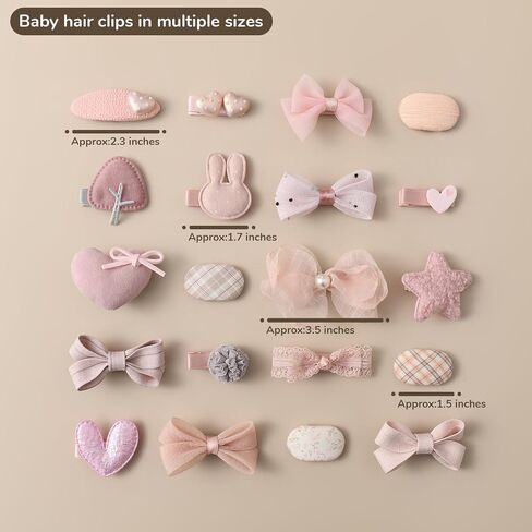 20-piece soft pink baby hair accessory set, featuring bowknots, heart shapes, and star patterns, fully lined anti-slip hair clips, suitable for fine hair, and snap-on hair clips for newborns in Kuwait