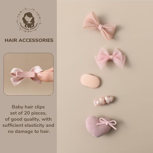 20-piece soft pink baby hair accessory set, featuring bowknots, heart shapes, and star patterns, fully lined anti-slip hair clips, suitable for fine hair, and snap-on hair clips for newborns in Kuwait
