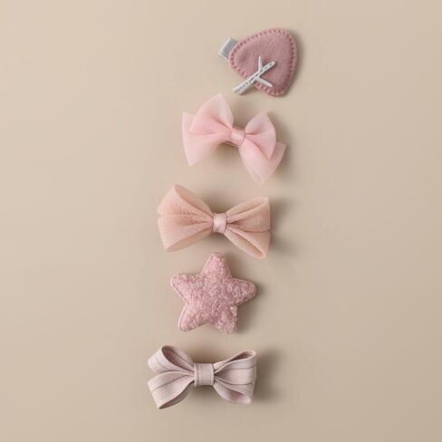 20-piece soft pink baby hair accessory set, featuring bowknots, heart shapes, and star patterns, fully lined anti-slip hair clips, suitable for fine hair, and snap-on hair clips for newborns in Kuwait