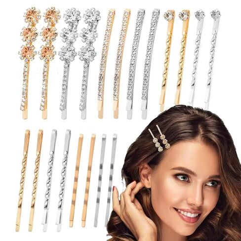 20 PCS Decorative Bobby Pins for Women's Hair, Rhinestone Bobby Pins with 5 Elegant Designs (Glod & Silver), Jeweled Hair Pins Decorative Hair Accessories for Women in Kuwait
