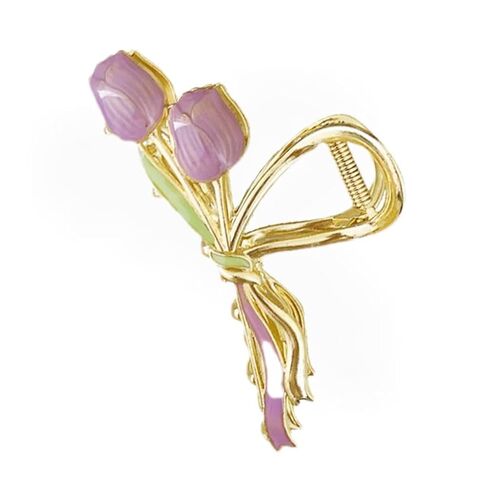 1PC Purple Gold Lily of The Valley Flower Hair Clips, Large Metal Claw Clip,Orchid Clamps,Lily Jaw Clamp Styling Accessories for Thick Thin Clips and Barrettes (Purple1) in Kuwait