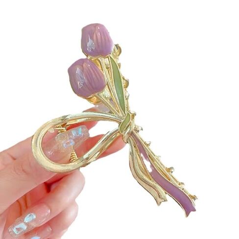 1PC Purple Gold Lily of The Valley Flower Hair Clips, Large Metal Claw Clip,Orchid Clamps,Lily Jaw Clamp Styling Accessories for Thick Thin Clips and Barrettes (Purple1) in Kuwait