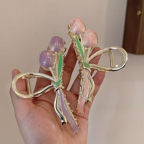 1PC Purple Gold Lily of The Valley Flower Hair Clips, Large Metal Claw Clip,Orchid Clamps,Lily Jaw Clamp Styling Accessories for Thick Thin Clips and Barrettes (Purple1) in Kuwait