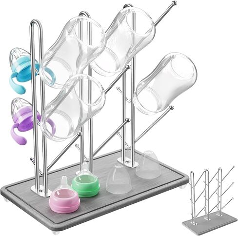 NiHome Baby Bottle Drying Rack with Diatomite Base & Stainless Steel Frame | Space Saving Countertop Organizer Holds 9 Bottles, for Water Bottles, Lids, Reusable Bags & More, Easy Assembly in Kuwait
