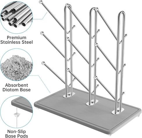 NiHome Baby Bottle Drying Rack with Diatomite Base & Stainless Steel Frame | Space Saving Countertop Organizer Holds 9 Bottles, for Water Bottles, Lids, Reusable Bags & More, Easy Assembly in Kuwait