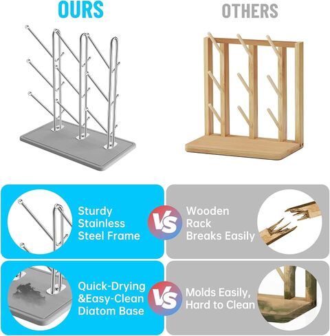 NiHome Baby Bottle Drying Rack with Diatomite Base & Stainless Steel Frame | Space Saving Countertop Organizer Holds 9 Bottles, for Water Bottles, Lids, Reusable Bags & More, Easy Assembly in Kuwait