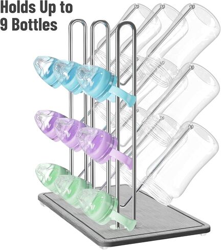 NiHome Baby Bottle Drying Rack with Diatomite Base & Stainless Steel Frame | Space Saving Countertop Organizer Holds 9 Bottles, for Water Bottles, Lids, Reusable Bags & More, Easy Assembly in Kuwait