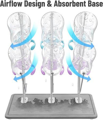 NiHome Baby Bottle Drying Rack with Diatomite Base & Stainless Steel Frame | Space Saving Countertop Organizer Holds 9 Bottles, for Water Bottles, Lids, Reusable Bags & More, Easy Assembly in Kuwait