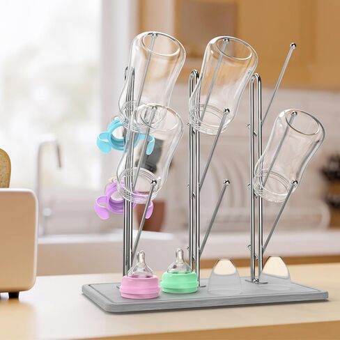 NiHome Baby Bottle Drying Rack with Diatomite Base & Stainless Steel Frame | Space Saving Countertop Organizer Holds 9 Bottles, for Water Bottles, Lids, Reusable Bags & More, Easy Assembly in Kuwait