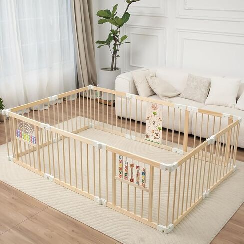 Ulnxiy Wooden Baby Playpen with Montessori Toys, 10-Panel Foldable Wood Play Yard for Toddlers, 84"x56" Large Baby Fence with Safety Lock, CPC Certified Natural Pine Wood Activity Center | 10-Panel Adjustable Size & Shape Natural Pine Wood Baby Playpen wi in Kuwait