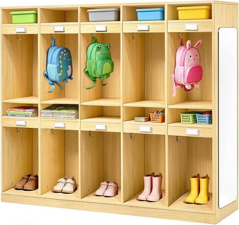 20-Section Classroom Coat Locker with 10 Cubbies for Preschool Coat and Backpack Storage, Daycare Cubbies with 10 Hooks, Mirror, Kindergarten Lockers for School, Nursery, Home in Kuwait