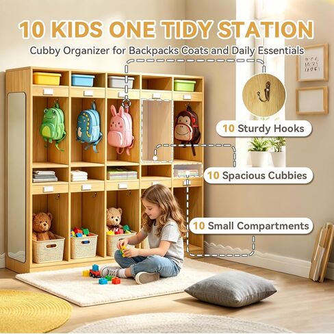 20-Section Classroom Coat Locker with 10 Cubbies for Preschool Coat and Backpack Storage, Daycare Cubbies with 10 Hooks, Mirror, Kindergarten Lockers for School, Nursery, Home in Kuwait