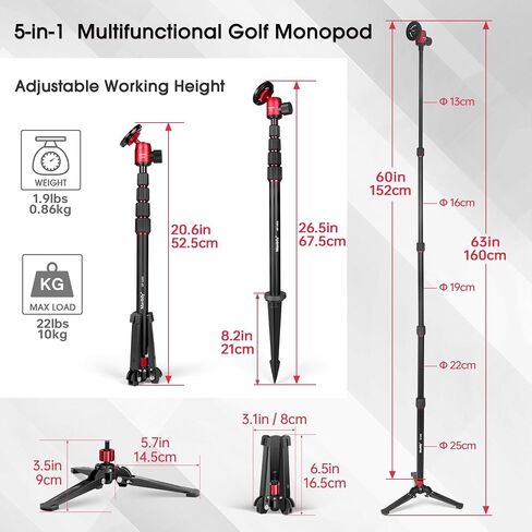 Manbily 5 in 1 Golf Monopod with Tripod Base, Magnetic Phone Stand for Cameras, Smartphone Selfie Stick with Ground Spike Stake & Extension Bar 1/4’’ Max Height 63’’ (GF-M25) in Kuwait