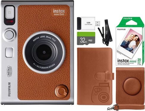 FUJIFILM INSTAX Mini EVO Hybrid Instant Camera + Fuji Instax Film 20 Sheet + Custom Case & Album 32GB Accessory Bundle (Brown) in Kuwait