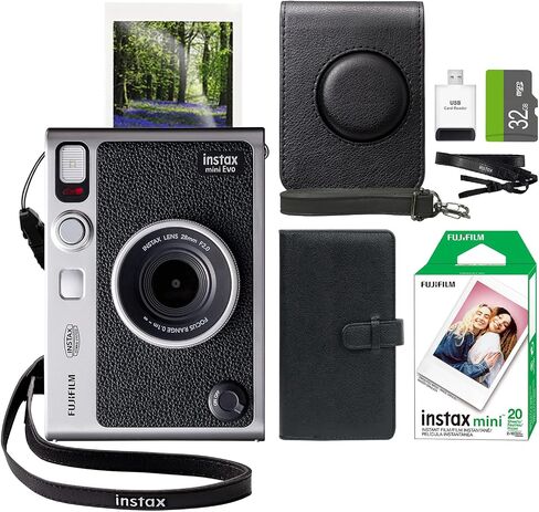 FUJIFILM INSTAX Mini EVO Hybrid Instant Camera + Fuji Instax Film 20 Sheet + Custom Case & Album 32GB Accessory Bundle (Brown) in Kuwait