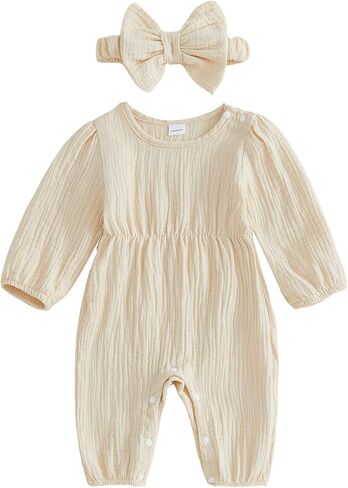 Newborn Baby Girl Clothes Long Sleeve Bubble Romper Jumpsuit Headband Infant Arrival Coming Home Hospital Outfits in Kuwait