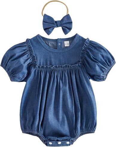 Newborn Infant Baby Girl Summer Outfit Puff Short Sleeve Denim Bubble Romper Ruffle Bodysuit Jumpsuit with Headband in Kuwait