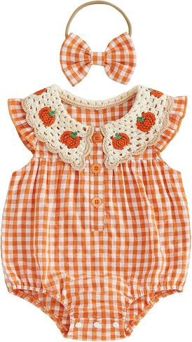 Newborn Baby Girl Halloween Outfit Pumpkin Bubble Romper Headband | Fly Sleeve, Crochet Collar, Plaid Pattern, Button Front, Fall Clothes in Kuwait