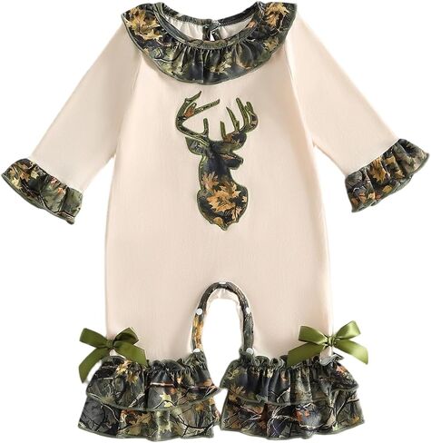Newborn Baby Girl Fall Clothes Hunting Ruffle Long Sleeve Romper Bell Bottoms Flared Jumpsuit Outfit in Kuwait