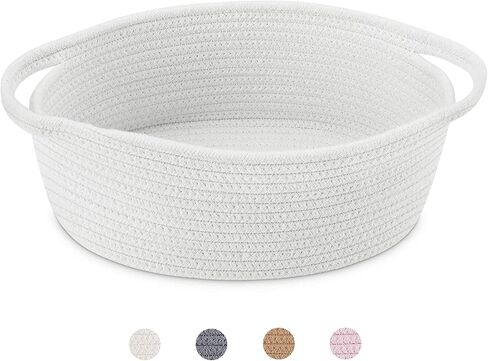 ABenkle Small Basket with Handles, Boho Decorative Rope Woven Dog Cat Toy Storage Bin Shelf Storage Organizer, Easter Christmas Gift Basket, 12"x8"x5", White in Kuwait