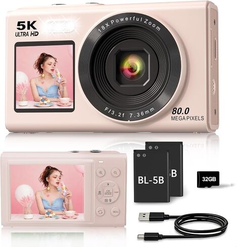 5K Digital Camera for Teens and Beginners, Dual Screen Compact Vlogging Camera with 18X Digital Zoom, Point and Shoot for Travel, 32GB Card and 2 Batteries in Kuwait